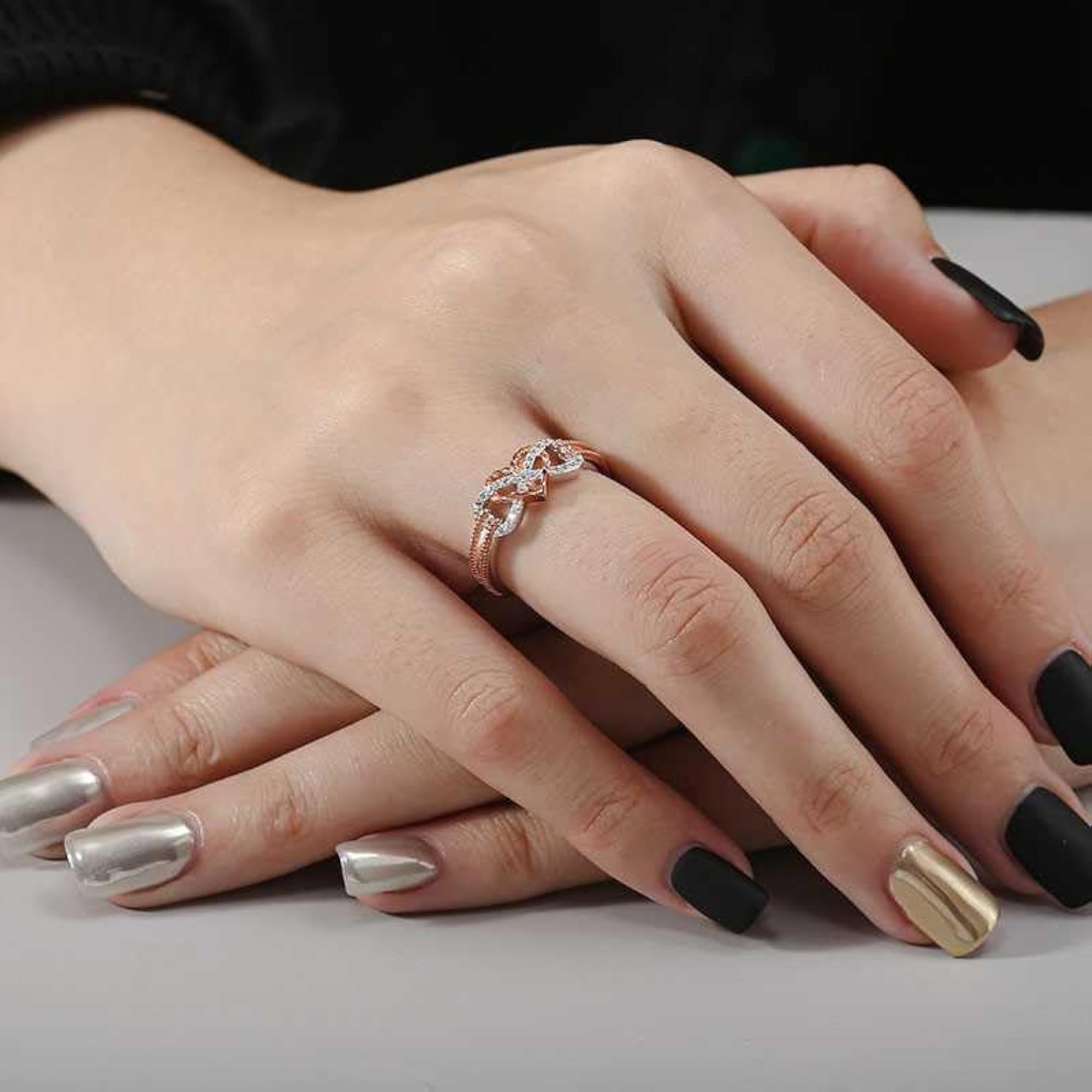 Rose CZ Interlocking Heart Infinity Ring, Gold Girls