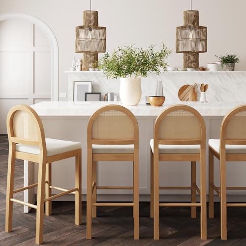Image of Nathan James Bailey 29 in. Boucle Bar Stool with Back, Upholstered Kitchen Stool with Natural Rattan Woven Back and Solid Wood Legs, Oak Finish, Set of 4