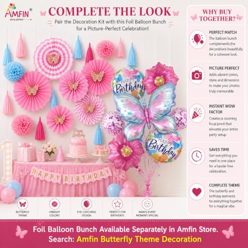 Image of AMFIN (Pack of 25) Butterfly Theme Birthday Decoration Kit Metallic Finish Women Girls Item Pink Blue Rainbow Flower