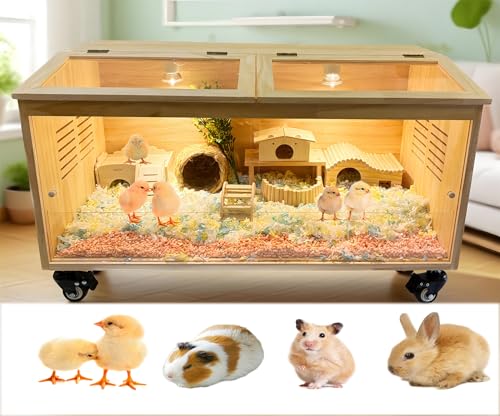 Boîte d'élevage pour Poussins Cage pour Hamster en pin Nature, équipée de Lampe chauffante et Thermostat, 4 roulettes de Frein brooder Box for Chicks