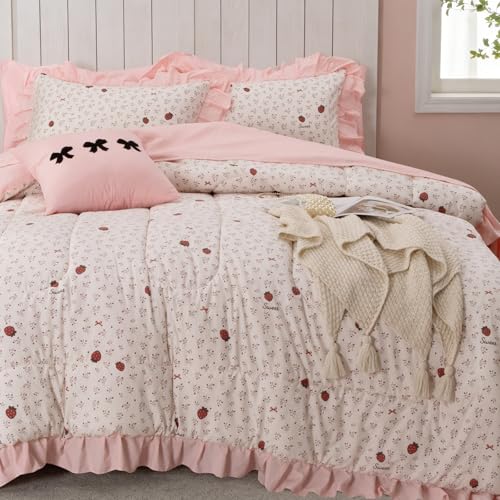 Image of A Nice Night Red Bow Comforter Set,Ruffle 6Pcs Bed in a Bag Matching Sheet Set, Bowknot Bedding Sets,Princess Style Strawberry Flower Printed Room Decor for Girls,Queen