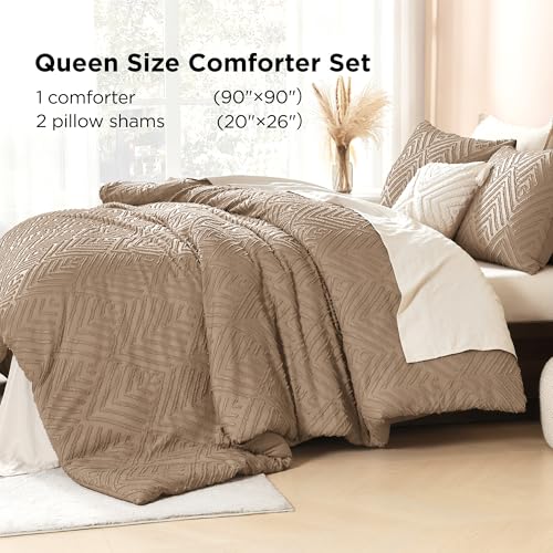 Image of Litanika Taupe Queen Comforter Set, 3 Pieces Tufted Boho Farmhouse Bedding Comforter Sets, Lightweight Fluffy Comforter Bed Set for All Season (90x90In Comforter and 2 Pillowcases)