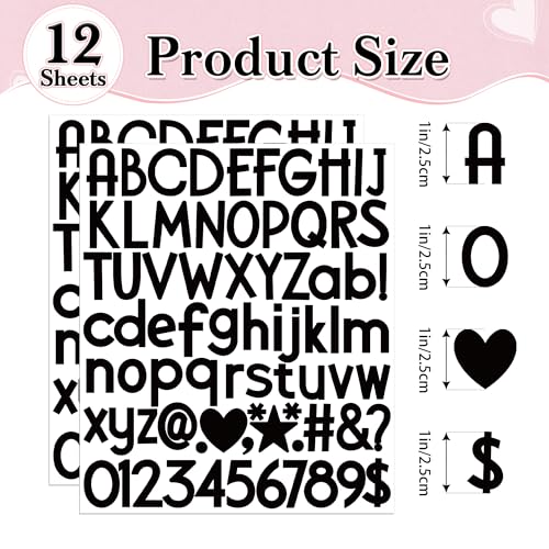 12 Sheets Letter Stickers 900 Alphabet Stickers Vinyl Mailbox Numbers Letters Waterproof Small 1 Inch Self Adhesive Sticker Letters for Water Bottles Craft Scrapbook Classroom Decor (Black, 1 inch)