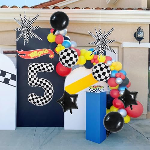 Image of TONIFUL 5th Birthday Balloons Kit 40 Inch Checkered Number 5 Foil Balloon