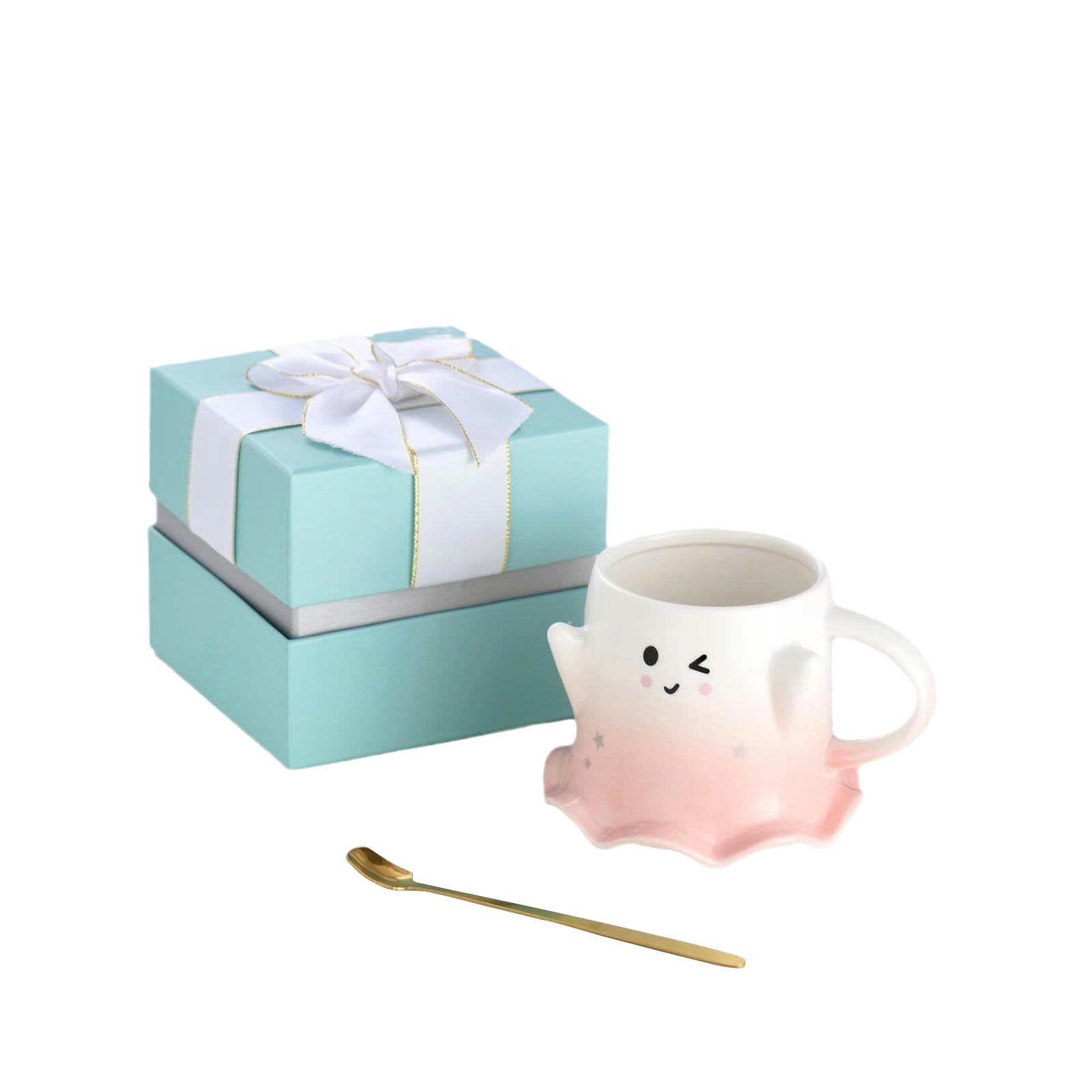 CAPIJIONG 450ml/15.21oz Strange Ceramic Genie Mug The microwave oven can be used to pack water cups in a gift box for office home-Pink (blinking)+gift box+gold spoon-450