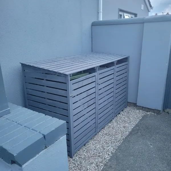 Meuble de rangement à 3 compartiments en bois pour poubelle à roulettes, 3 bacs de 240 L, bois traité gris, triple poubelle, avec chaînes de levage et portes verrouillables, écran de
