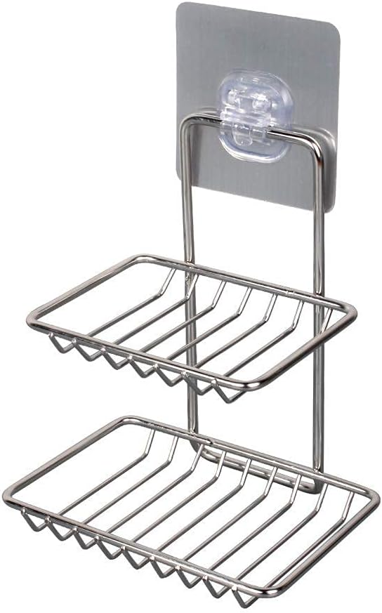 Mounted Double Layer soap Dish Holder Stainless Steel Wall Hanging Soap Storage Rack for Kitchen Bathroom-with Self Adhesive Magic Sticker Made in India