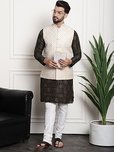 Image of Sojanya (Since 1958 Men'S Silk Blend Kurta Pyjama & Nehru Jacket Combo
