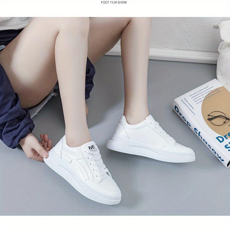 Women's Platform Skate Shoes, Versatile Height Increasing Lace Up Low Top Shoes, Outdoor Walking White Shoes4