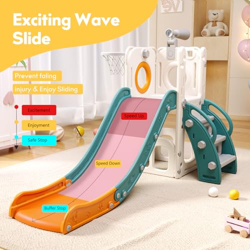 6 in 1 Toddler Playset with Slide,Toddler Slide,Slide for Kids with Basketball Hoop,Ball,Ring Toss,Kids Slide Toddler Playground Toddler Slide Indoor Outdoor Toys