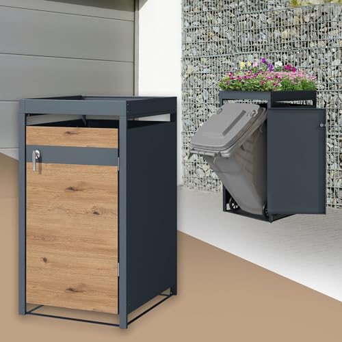 ML-Design Box pour 1 Poubelle avec Toit Végétal, jusqu'à 240L, 68x80x124 cm, en Acier, Anthracite/Aspect Chêne, Résistant aux Intempéries, Habillage de Poubelle Verrouillable, Conteneur Abri Hangar
