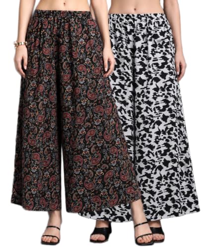 Image of Women Printed Palazzo Pants Combo Pack of 2, Comfortable Elastic Waist Lounge Pants for Women | Relaxed Fit, Loose Fitting Wide Leg Palazzo Pants, Casual Bottom (Available in S to 3XL Size)