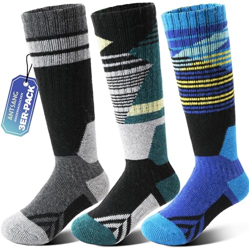ANTSANG 3 Paar Kinder Merino Woll Skisocken für Jungen und Mädchen Thermische warme dicke Wintersocken mit Polsterung für Snowboarden und Skifahren(Blau/Grün/Schwarz 29-34)