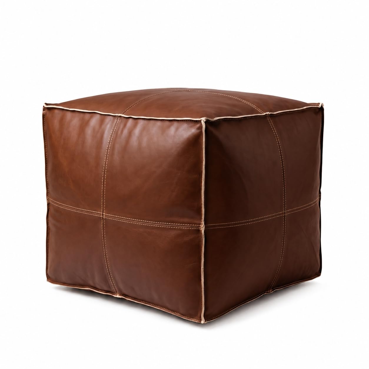 ARTOUARZAZATE Square Leather Pouf - Moroccan Pouf - Genuine Goatskin Leather - Bohemian Living Room Decor - Hassock &amp; Ottoman Footstool - Unstuffed (Dark Brown, 18" D x 18" W x 14" H)
