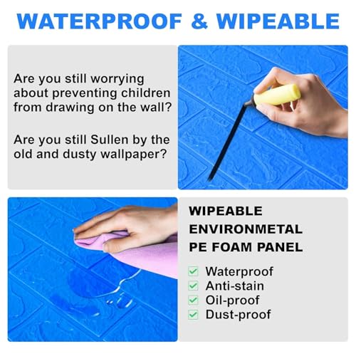 Image of TEKCOOL Self-Adhesive Waterproof PE Foam 3D Wall Panels Wallpaper Sticker for Bathroom, Living Room, and Home Decoration (70 x 77cm, Appx. 5.8Sq Feet) -Dark Blue-1 pc,