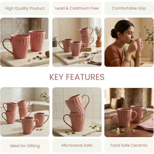 Image of The Earth Store Pink Artisan Wave Coffee Mug - 340ML Ceramic Coffee Mugs Set of 4 | Microwave & Dishwasher Safe Mugs for Gift | Home | Office | Restaurant | Daily Use Tea Mug