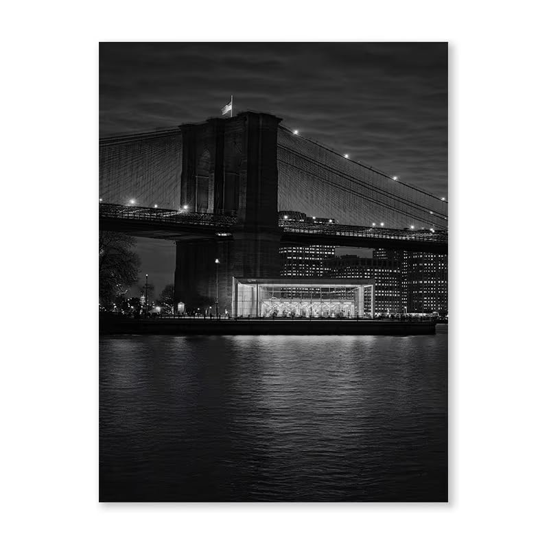 Póster de paisaje nocturno de ciudad en blanco y negro con puente, lámina decorativa para pared, decoración del hogar para dormitorio y sala de estar (80x120cm/31x47in) x3 Sin marco