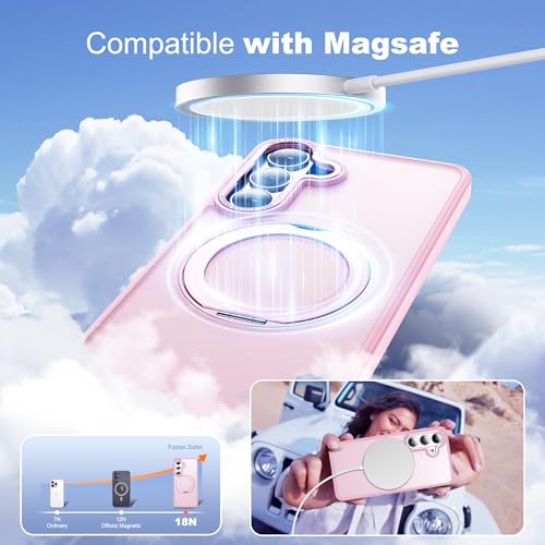 Image of for Samsung Galaxy S26 Plus Case with 360Rotatable Magnetic Ring Stand Compatible with Mag-Safe Military Protection Matte Translucent Phone Case for Samsung Galaxy S26+,Pink