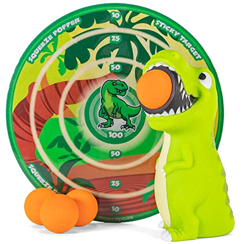 Hog Wild T-Rex Dinosaur Popper Toy and Sticky Target Set - Shoot Foam Balls Up to 20 Feet - 4 Balls Included - Age 4+