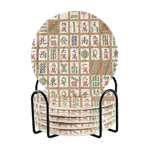 コースター 麻雀 マージャン 編み ヴィンテージ織コースター 吸水 耐熱 6枚セット 収納ホルダー付き 茶托 厚手 円形 おしゃれ 洗濯可能 茶パッド 断熱パッド