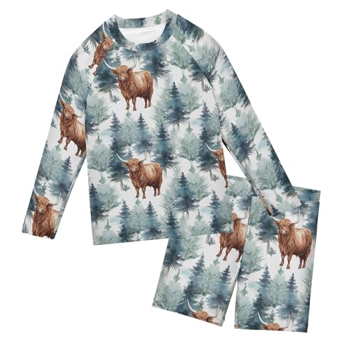 Highland Cow Forest Boys Rash Guard Swimsuits Set for Boys Long Sleeve Swim Shirts Bathing Suits B0403034