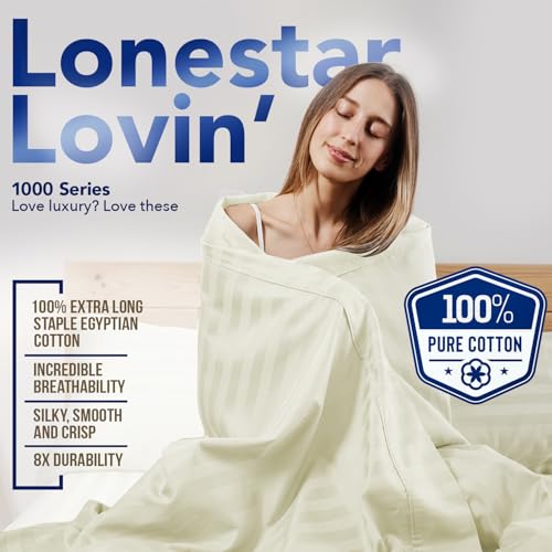 Image of TEXAS LINEN CO. 100% Egyptian Cotton Full Size Sheet Set - Luxury 1000 Series Lonestar Lovin' Damask Bed Sheets Full Size (4 PC, Ivory Stripe), Cooling, 16 inch Deep Pocket Extra Long Staple Hotel Sheets