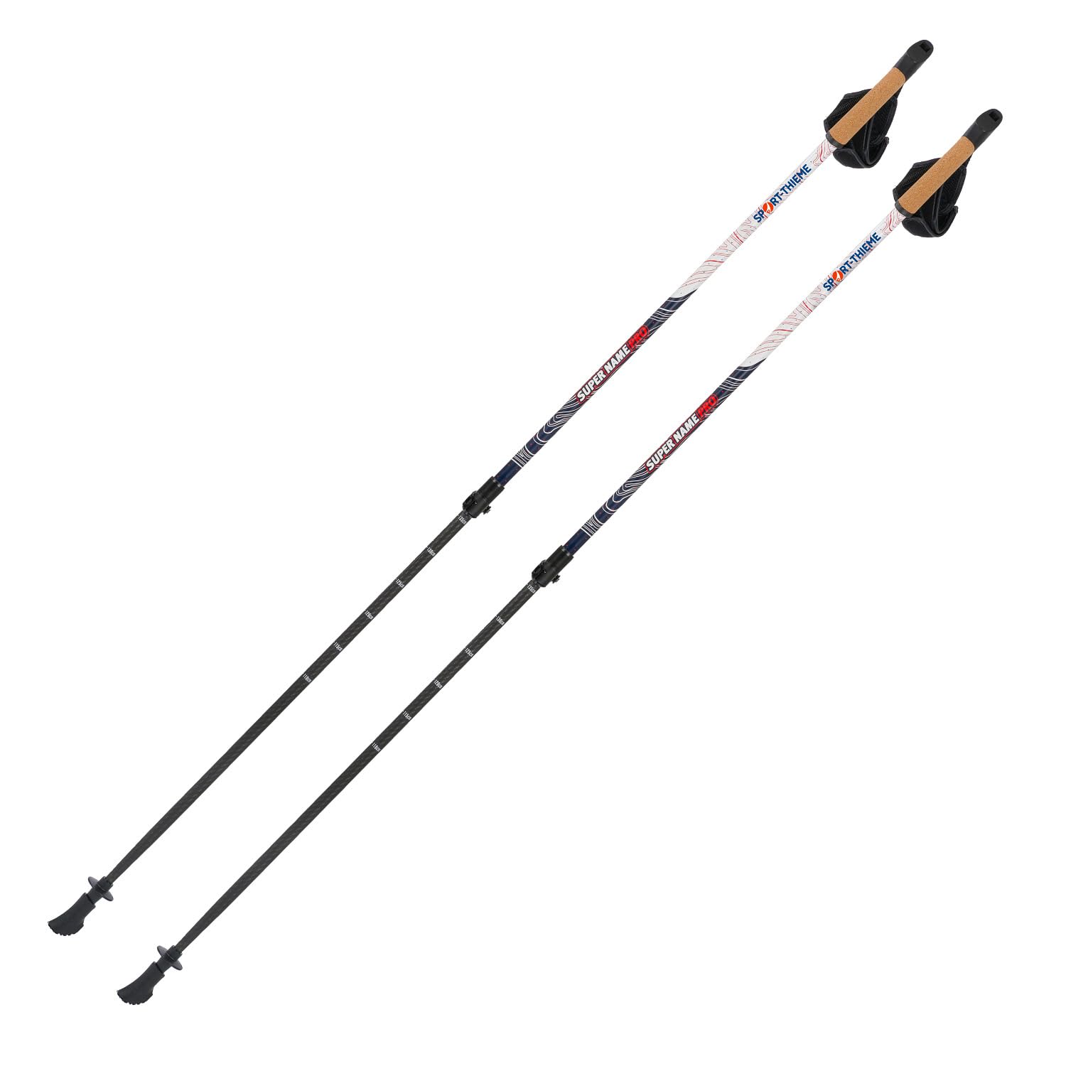 Sport-Thieme Nordic Walking Stöcke Lock Up Pro | Carbon | Verstellbare Stocklänge 100-135 cm | Korkgriff | Herausnehmbare Handschlaufe | Für Fitnesssportler | Weiß-Blau