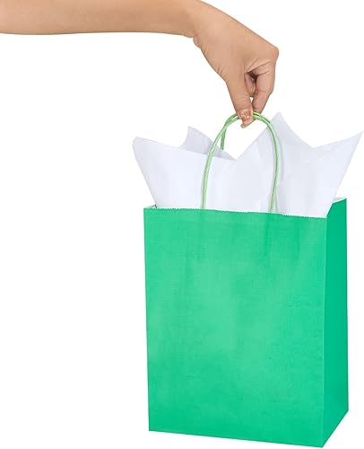 Miniatura 6 de Paquete de 50 bolsas de regalo de papel verde de tamaño mediano con asas y 50 papel de regalo de papel blanco para pequeñas empresas, cumpleaños,