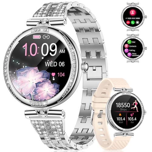 Relojes inteligentes para mujer, AMOLED de 1.2 pulgadas, pantalla siempre encendida, reloj inteligente de diamante con llamada Bluetooth, presión arterial/SpO2/monitor de frecuencia cardíaca,