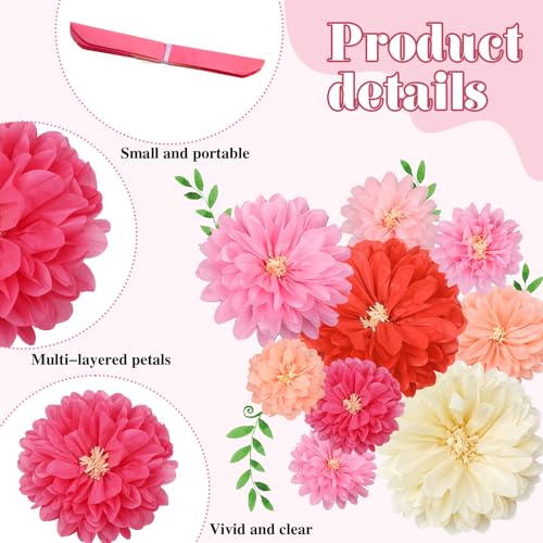 Image of Geyee 18 Pcs Mexican Paper Flowers Colorful Fiesta Tissue Paper Flowers Pom Poms Mexican Carnival for Floral Party Backdrop Wedding Birthday Party Craft(Pink Series,10 inch 12 inch 14 inch)