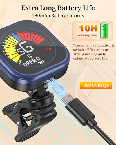 Image of New Bee Guitar Tuner Clip-On Rechargeable with Color Screen 360 Rotatable Acoustic Chromatic Open Tuning for Guitar, Bass, Ukulele, Violin (Blue, 1 Pack)