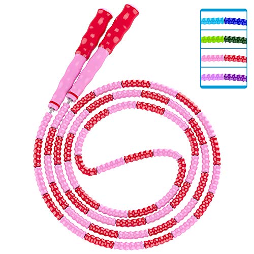 KUNGIX Cuerda para Saltar, Comba de Saltar con Cuentas Suaves, Comba Crossfit de PVC, Sin Enredos, Longitud Segmentada, Ajustable para Actividades al Aire Libre, Interior, 110 Pulgadas (Rosa)