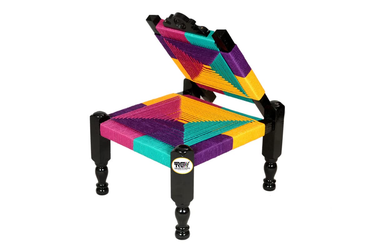 THE ROYAL CRAFTS Traditional Handicrafts Multicolor Resham Rope Wooden Folding Chair Khatli Bajot Stool Charpai Pidda Mudda Rajwadi Furniture Garden Table 12 INCH 1