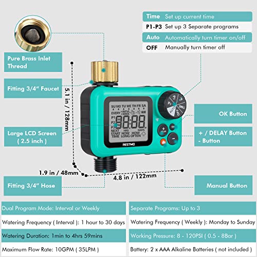 Restmo Sprinkler Timer With Dual Modes, Interval & 7-Day Programmable Water Timer, Garden Hose Timer With 3 Separate Programs And Pure Brass Inlet, Automatically Water Lawn And Control Drip Irrigation #TOP5