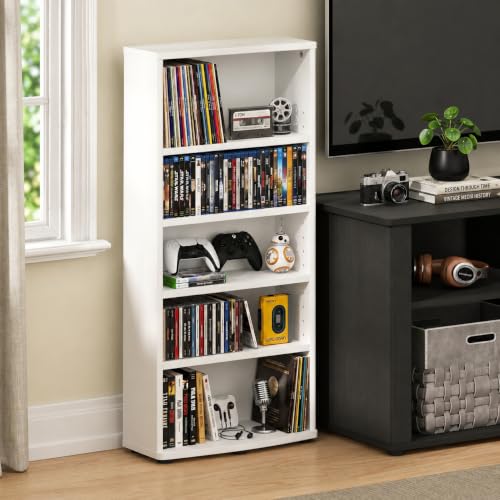 Image of Furinno Jaya DVD Shelf, 5-Tier CD Rack, Media Shelf, White | Open Shelf, Adjustable Shelves, DVD Storage Cabinets for CD Blueray Game Disc, Easy Assembly, for Living Room, Home Office