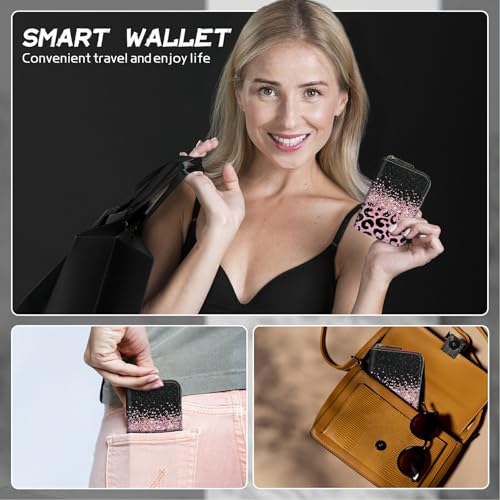 Image of Cute Credit Card Holder with Zipper, Pink Glitter Leopard RFID-Blocking Card Case Small Wallet for Women Men, Multi-slot Card Organizer Case Travel Accordion Wallet