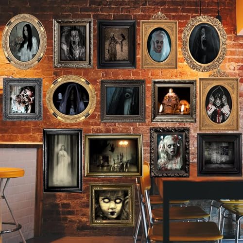 Benjia 15 Halloween Gothic Mansion Haunted Horror Picture Frames Waterproof Durable with 80pcs Self Adhesive Dots Creepy Photo Decorations For Haunted Home Family Castle Masquerade Party