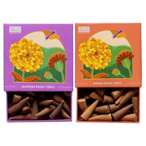 Image of Natural Incense Fragrance Lavender and Mogra Dhoop Cones with Holder (80 pcs) | Havan for Pooja, Home & Festivals I Natural Guggal /Loban Original |Pack of 2 (40 Cones /Pack)