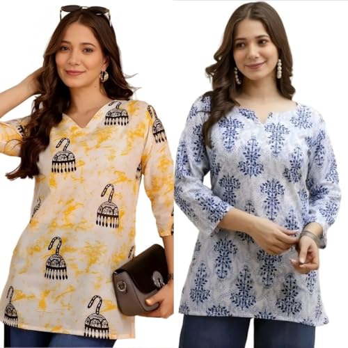 Image of Women's Cotton Printed Short Kurti, Round Neck, Three Quarter Sleeve, Straight Fit, Pack of 2
