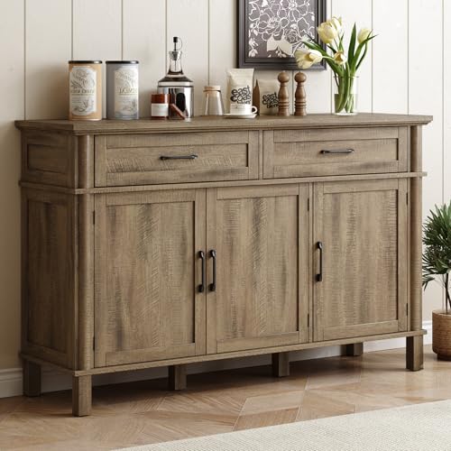 Image of ONBRILL 55 Inch Buffet Cabinet with Storage, Farmhouse Sideboard Buffet w /2 Drawers and 3 Doors, Coffee Bar Cabinet with Adjustable Shelves, Sideboard Storage for Kitchen, Living Room, Washed Grey