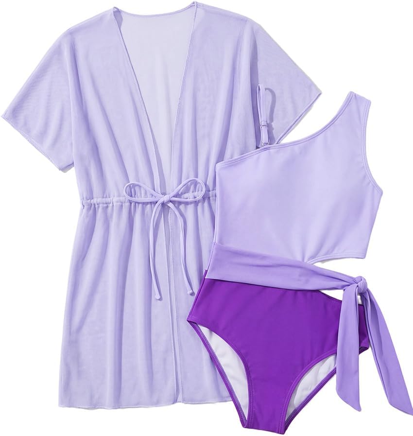 GRACE KARIN Girls One Piece One Shoulder Swimsuits Kids Cutout Waist Bathing Suits with Kimono Contrast Color Swimwear 6-14