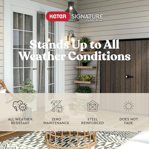 Image of Signature Collection Vertical Outdoor Storage Shed, Weather-Resistant Resin Storage Cabinet with Double Doors & Heavy-Duty Floor, Walnut