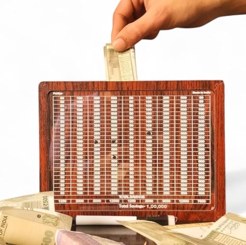 Image of Fiddlys Wooden Money Piggy Bank for 2 3 4 5 6 Years Kids, Savings Challenge Box, Cashbox,Educational Gift for Kids (Rs 1,00,000)