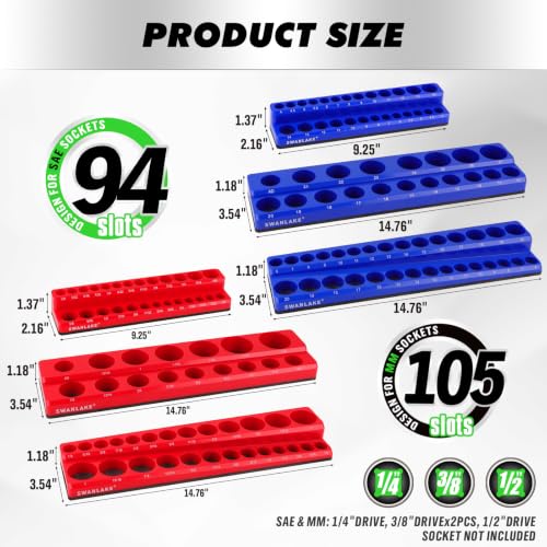 Image of 8-Piece Magnetic Socket Organizer Set, SAE & Metric Socket Holders for 1 /4 inch, 3 /8 inch, 1 /2 inch Drive, Holds 199 Sockets, Rubber-Coated Toolbox Storage Trays, Blue and Red Tool Box Organizer