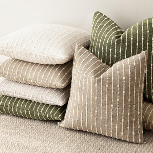 Image of Foindtower Pack of 2 Decorative Jacquard Boucle Throw Pillow Covers Accent Textured Striped Pillowcases Cozy Modern Cushion for Couch Sofa Bedroom Living Room Home Decor 18x18 Inch Olive Green