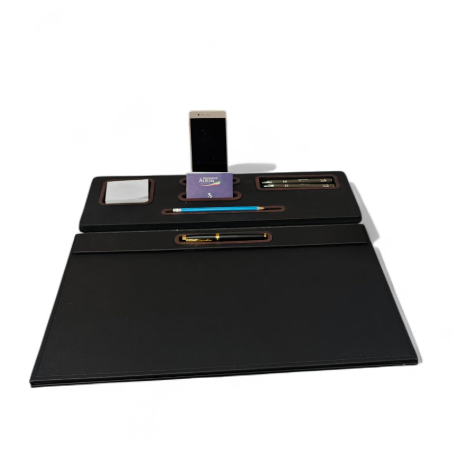 oggettando Set Scrivania in eco pelle PU Nera, 5in1 Organizer con Supporto smartphone, Porta Penne, Porta bigliett, Portacarte ades, Supporto penna, Sottomano Ufficio, Casa (PU MARRONE)