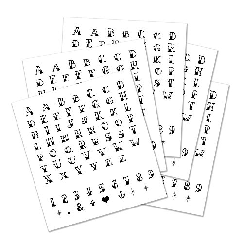 Temporary Tattoo Alphabet Letters - Realistic Black Letter, Number & Symbol Semi-Permanent Tattoo - 5 Letter Set Sheets - Cut Apart and Make Your Own, Letter Size - 0.5