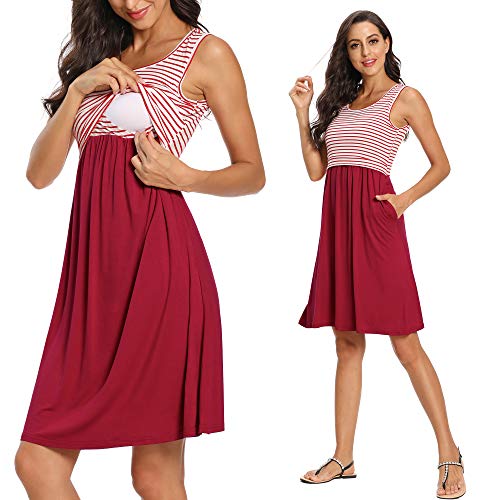 Image of GLAMIX Women's Nursing Dress Summer Casual Sleeveless Breastfeeding Tank Dresses with Pockets