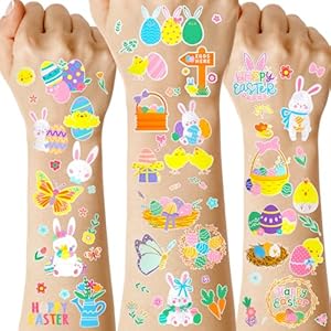580 Pcs Easter Temporary Tattoo for Kids Adults Egg Carrot Basket Bunny Decorations Waterproof Spring Tattoos Tats Stickers Glitter Styles Art Decal for Party Supplies 72 Sheets