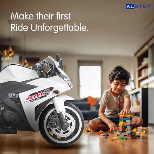 Image of Alstoy Ninja Ride-On Bike for Kids | 12V Rechargeable Battery Electric Toy Bike | Bluetooth Music | 35kg Capacity | Ages 3-8 Boys & Girls| BIS /ISI Approved | 6-Month Warranty | Large | Police White